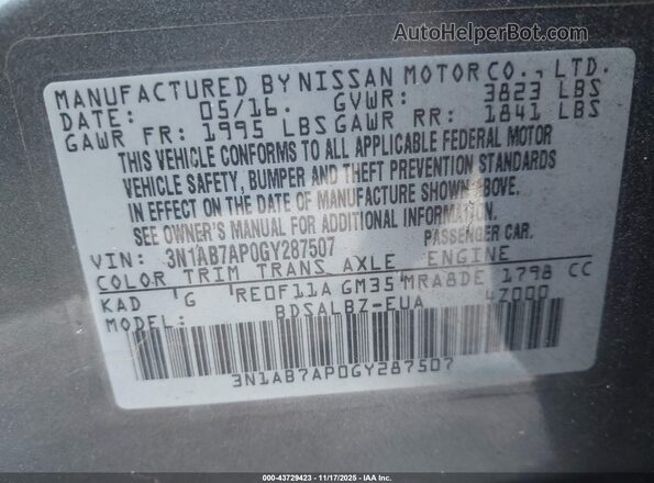 3N1AB7AP0GY287507 2016 NISSAN SENTRA Gray 