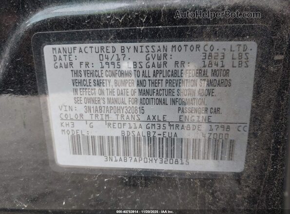 3N1AB7AP0HY320815 2017 NISSAN SENTRA Black ძრავის განყოფილების ხედი