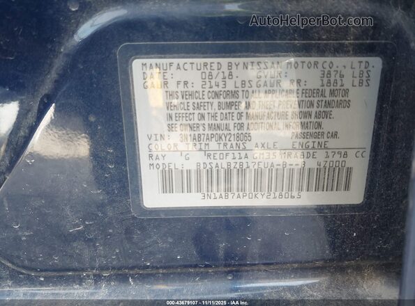 3N1AB7AP0KY218065 2019 NISSAN SENTRA Blue ძრავის განყოფილების ხედი