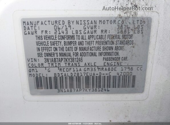 3N1AB7AP7KY381246 2019 NISSAN SENTRA White Engine compartment view