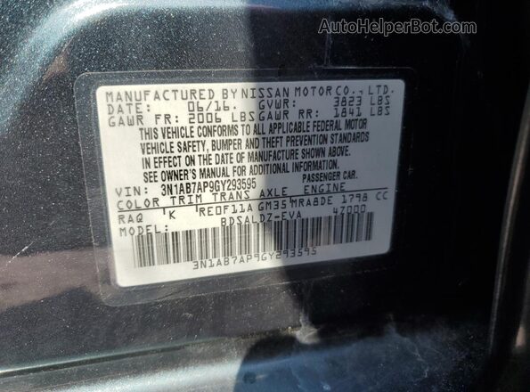 3N1AB7AP9GY293595 2016 NISSAN SENTRA Blue Вид наклейки з VIN-кодом