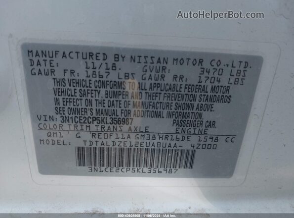 3N1CE2CP5KL356987 2019 NISSAN VERSA NOTE White Engine compartment view