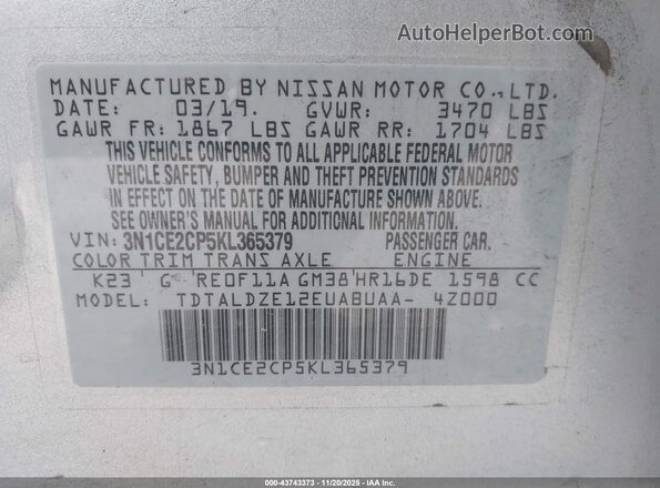 3N1CE2CP5KL365379 2019 NISSAN VERSA NOTE Silver Вид підкапотного простору