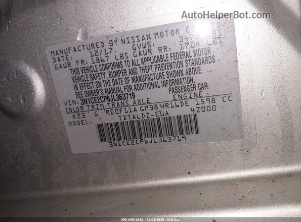 3N1CE2CP6JL363719 2018 NISSAN VERSA NOTE Серебряный 