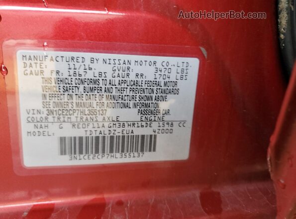 3N1CE2CP7HL355137 2017 NISSAN VERSA Red Widok komory silnika