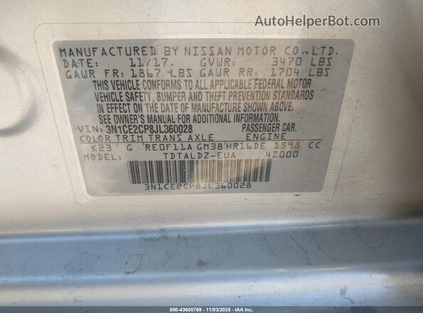 3N1CE2CP8JL360028 2018 NISSAN VERSA NOTE Silver Engine compartment view