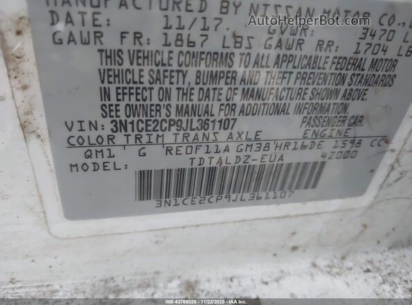 3N1CE2CP9JL361107 2018 NISSAN VERSA NOTE White ძრავის განყოფილების ხედი
