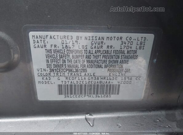 3N1CE2CP9KL361285 2019 NISSAN VERSA NOTE Gray Engine compartment view