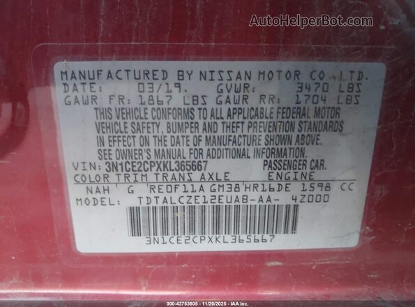 3N1CE2CPXKL365667 2019 NISSAN VERSA NOTE Красный Вид подкапотного пространства