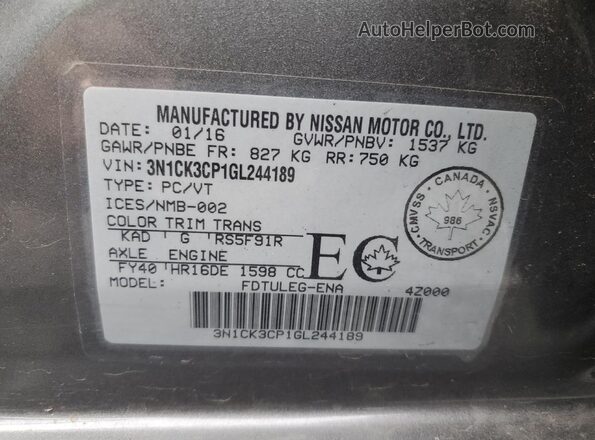 3N1CK3CP1GL244189 2016 NISSAN MICRA Gray 