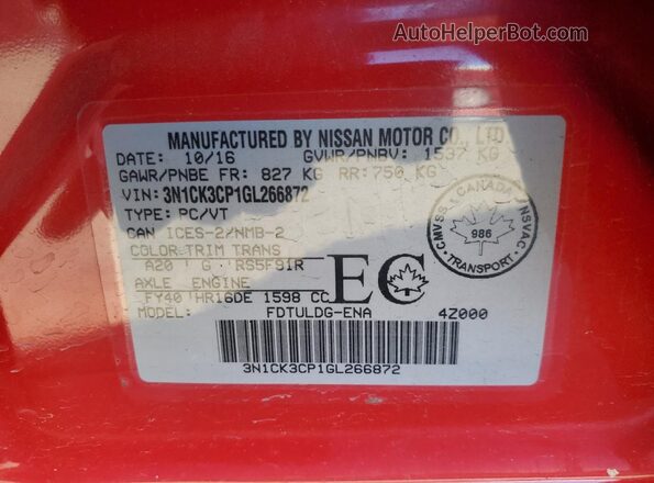 3N1CK3CP1GL266872 2016 NISSAN MICRA Red 