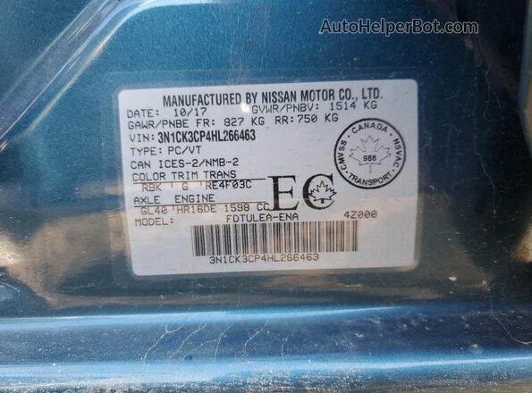 3N1CK3CP4HL266463 2017 NISSAN MICRA Turquoise VIN კოდის სტიკერის ხედი