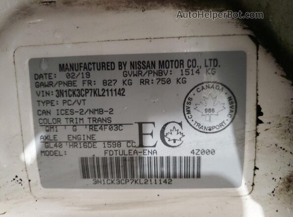 3N1CK3CP7KL211142 2019 NISSAN MICRA White Widok komory silnika