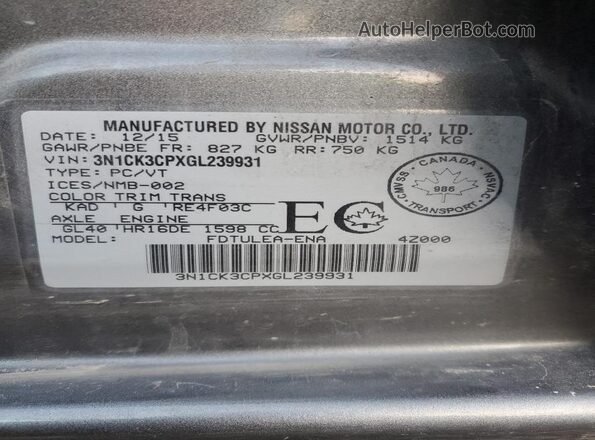 3N1CK3CPXGL239931 2016 NISSAN MICRA Gray 
