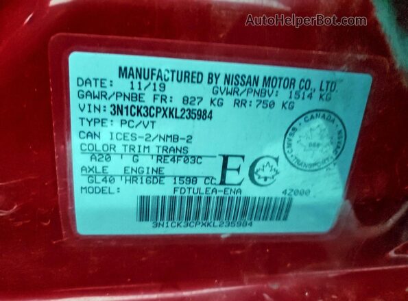 3N1CK3CPXKL235984 2019 NISSAN MICRA Red VIN կոդի պիտակի տեսք