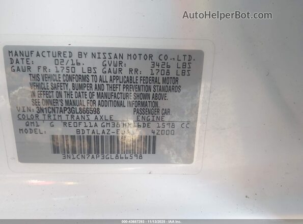 3N1CN7AP3GL866598 2016 NISSAN VERSA White Widok komory silnika