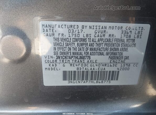 3N1CN7AP7HL868775 2017 NISSAN VERSA Silver 