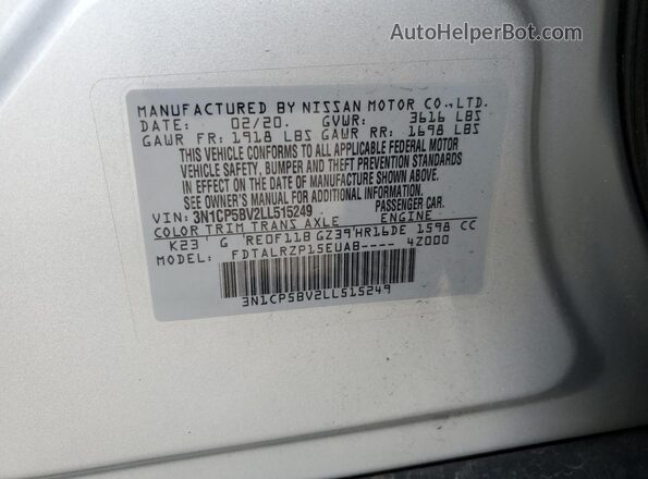 3N1CP5BV2LL515249 2020 NISSAN KICKS Silver Вид наклейки з VIN-кодом