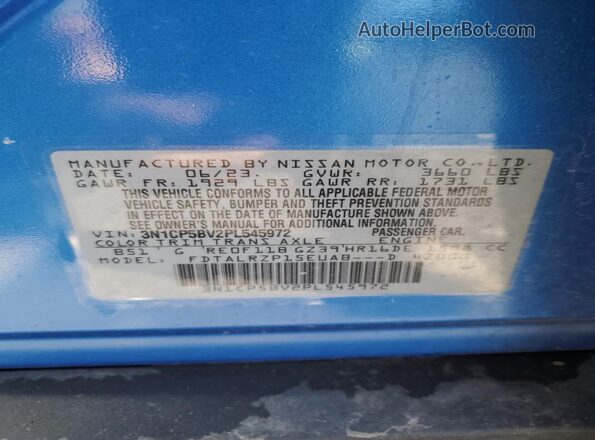 3N1CP5BV2PL545972 2023 NISSAN KICKS Blue Vista de la etiqueta del VIN