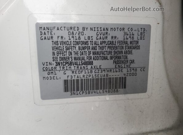 3N1CP5BV4LL548088 2020 NISSAN KICKS Белый Вид наклейки с VIN-кодом
