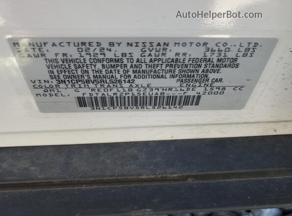 3N1CP5BV5RL526142 2024 NISSAN KICKS White Widok naklejki z numerem VIN