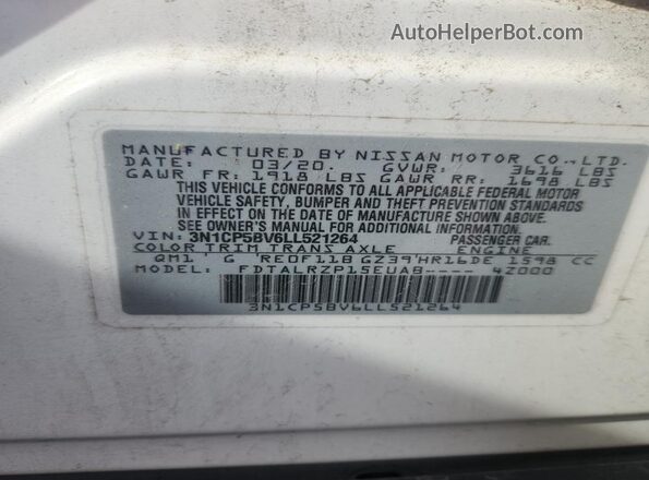 3N1CP5BV6LL521264 2020 NISSAN KICKS White Vista de la etiqueta del VIN