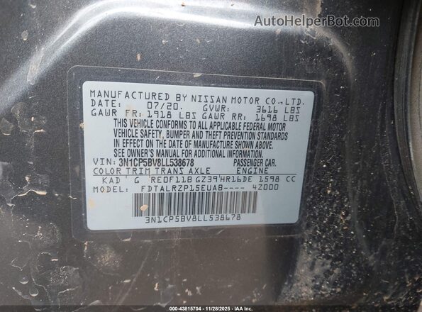 3N1CP5BV8LL538678 2020 NISSAN KICKS Gray Engine compartment view