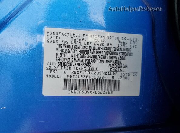 3N1CP5BVXNL522663 2022 NISSAN KICKS Blue სალონის 360-გრადუსიანი ხედი