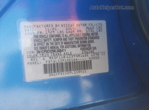 3N1CP5CV2ML558411 2021 NISSAN KICKS Blue VIN კოდის სტიკერის ხედი