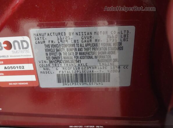 3N1CP5CV3ML557641 2021 NISSAN KICKS Red ძრავის განყოფილების ხედი
