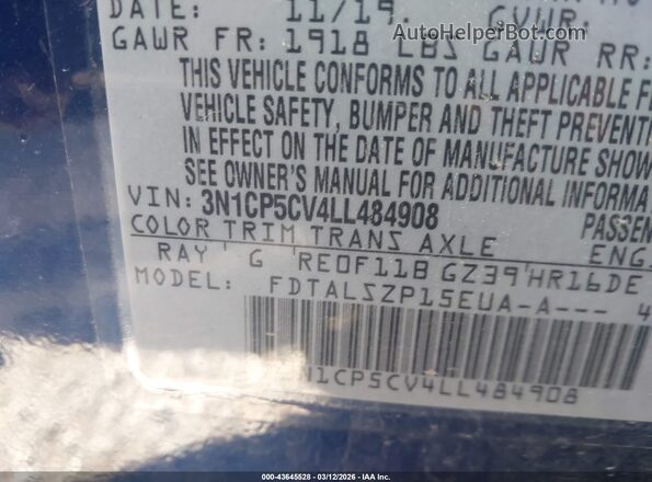 3N1CP5CV4LL484908 2020 NISSAN KICKS Blue VIN sticker view