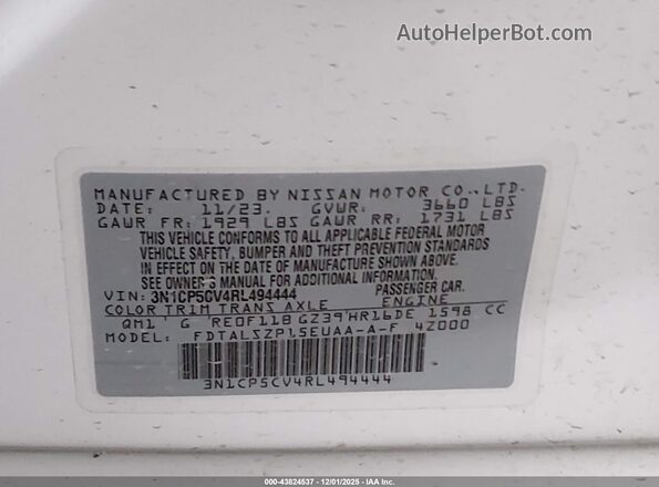 3N1CP5CV4RL494444 2024 NISSAN KICKS White Vista de los asientos traseros
