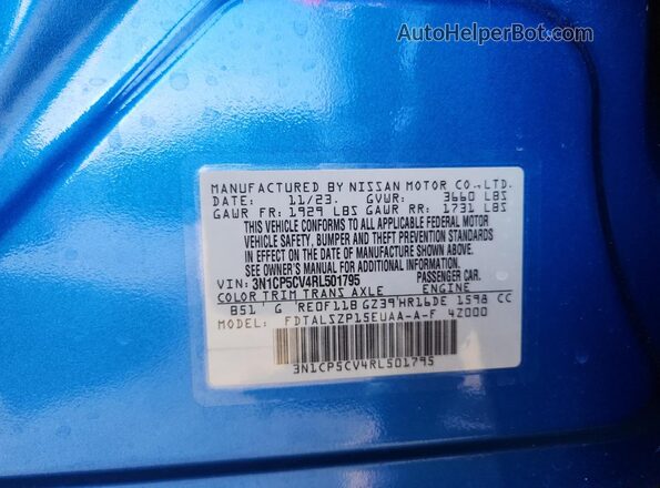 3N1CP5CV4RL501795 2024 NISSAN KICKS Синий Вид наклейки с VIN-кодом