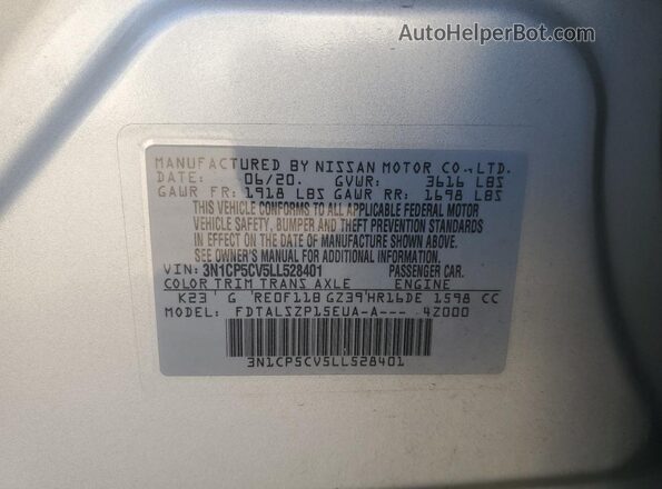 3N1CP5CV5LL528401 2020 NISSAN KICKS Silver Engine compartment view