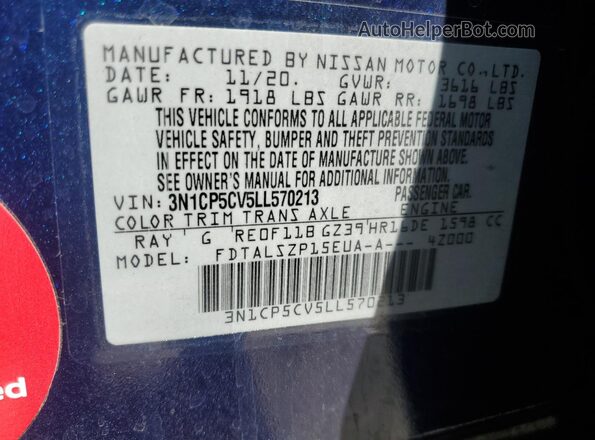 3N1CP5CV5LL570213 2020 NISSAN KICKS Blue Вид наклейки з VIN-кодом
