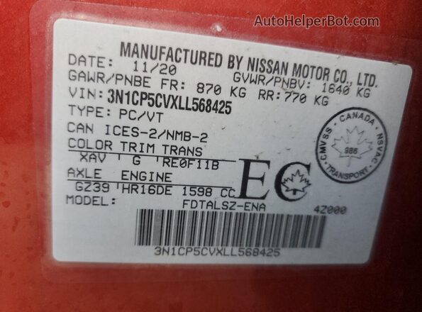 3N1CP5CVXLL568425 2020 NISSAN KICKS Red VIN կոդի պիտակի տեսք