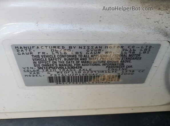 3N1CP5DV0LL530426 2020 NISSAN KICKS White VIN կոդի պիտակի տեսք