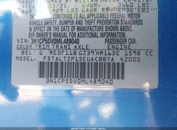 3N1CP5DV0ML489040 2021 NISSAN KICKS Blue Widok komory silnika