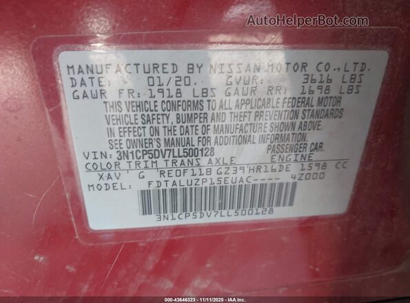 3N1CP5DV7LL500128 2020 NISSAN KICKS Burgundy Widok komory silnika