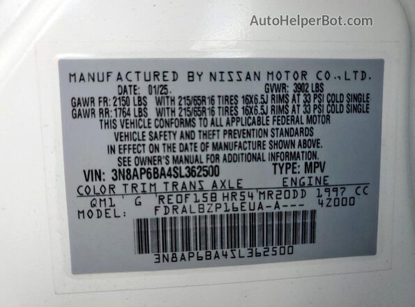 3N8AP6BA4SL362500 2025 NISSAN KICKS White Вид наклейки з VIN-кодом