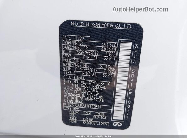3PCAJ5BA1PF108711 2023 INFINITI QX50 White Շարժիչի բաժամունքի տեսք
