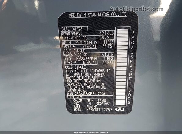3PCAJ5BA3PF117006 2023 INFINITI QX50 Gray Շարժիչի բաժամունքի տեսք