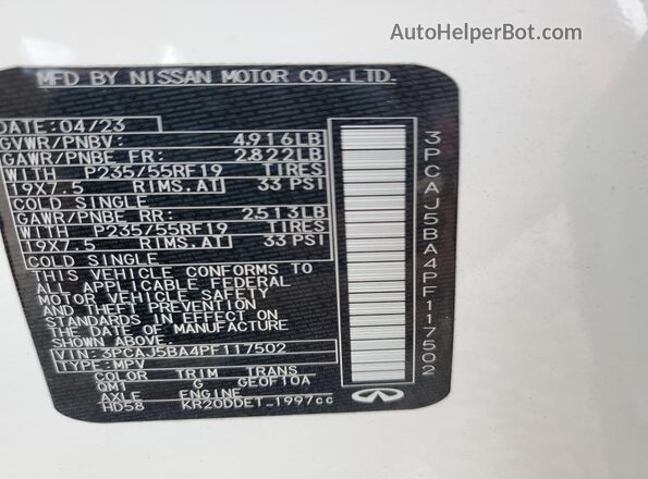 3PCAJ5BA4PF117502 2023 INFINITI QX50 White VIN կոդի պիտակի տեսք