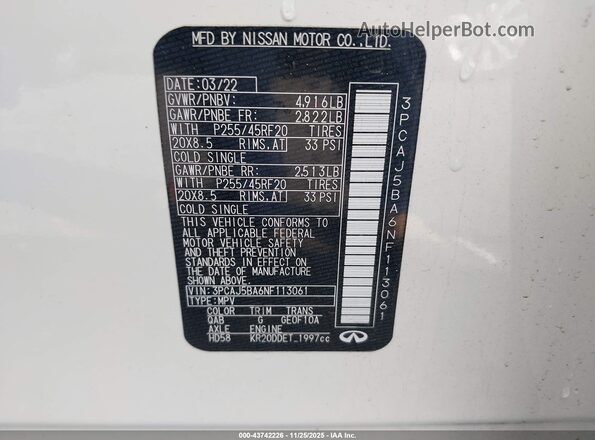 3PCAJ5BA6NF113061 2022 INFINITI QX50 White Շարժիչի բաժամունքի տեսք