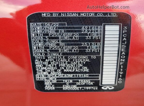 3PCAJ5EA0NF119160 2022 INFINITI QX50 Red VIN sticker view