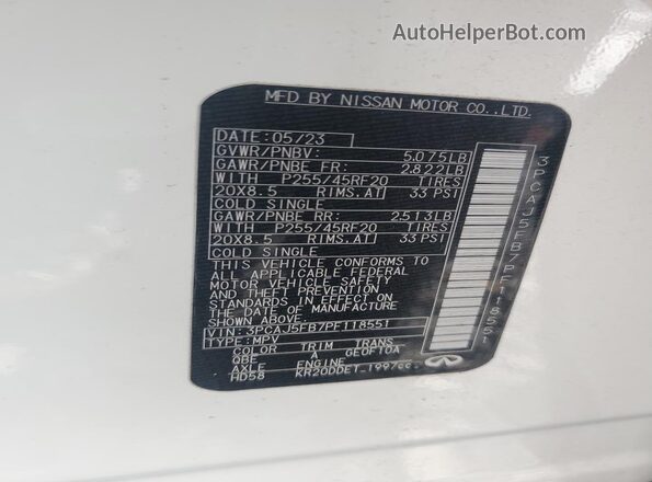 3PCAJ5FB7PF118551 2023 INFINITI QX50 White Սալոնի 360 աստիճան տեսք