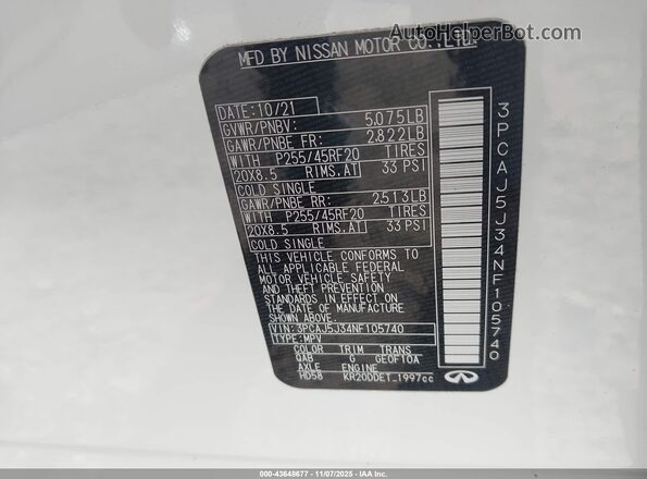 3PCAJ5J34NF105740 2022 INFINITI QX55 White 