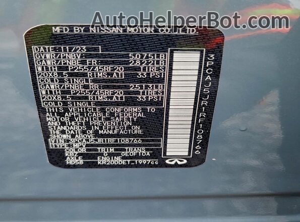3PCAJ5JR1RF108766 2024 INFINITI QX55 Blue VIN կոդի պիտակի տեսք