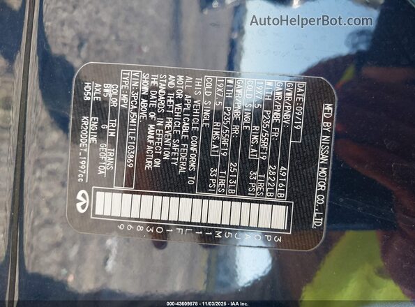 3PCAJ5M11LF103869 2020 INFINITI QX50 Blue Vista del compartimento del motor