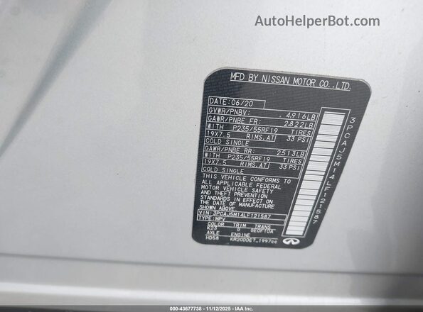 3PCAJ5M14LF121587 2020 INFINITI QX50 Silver Vista del compartimento del motor